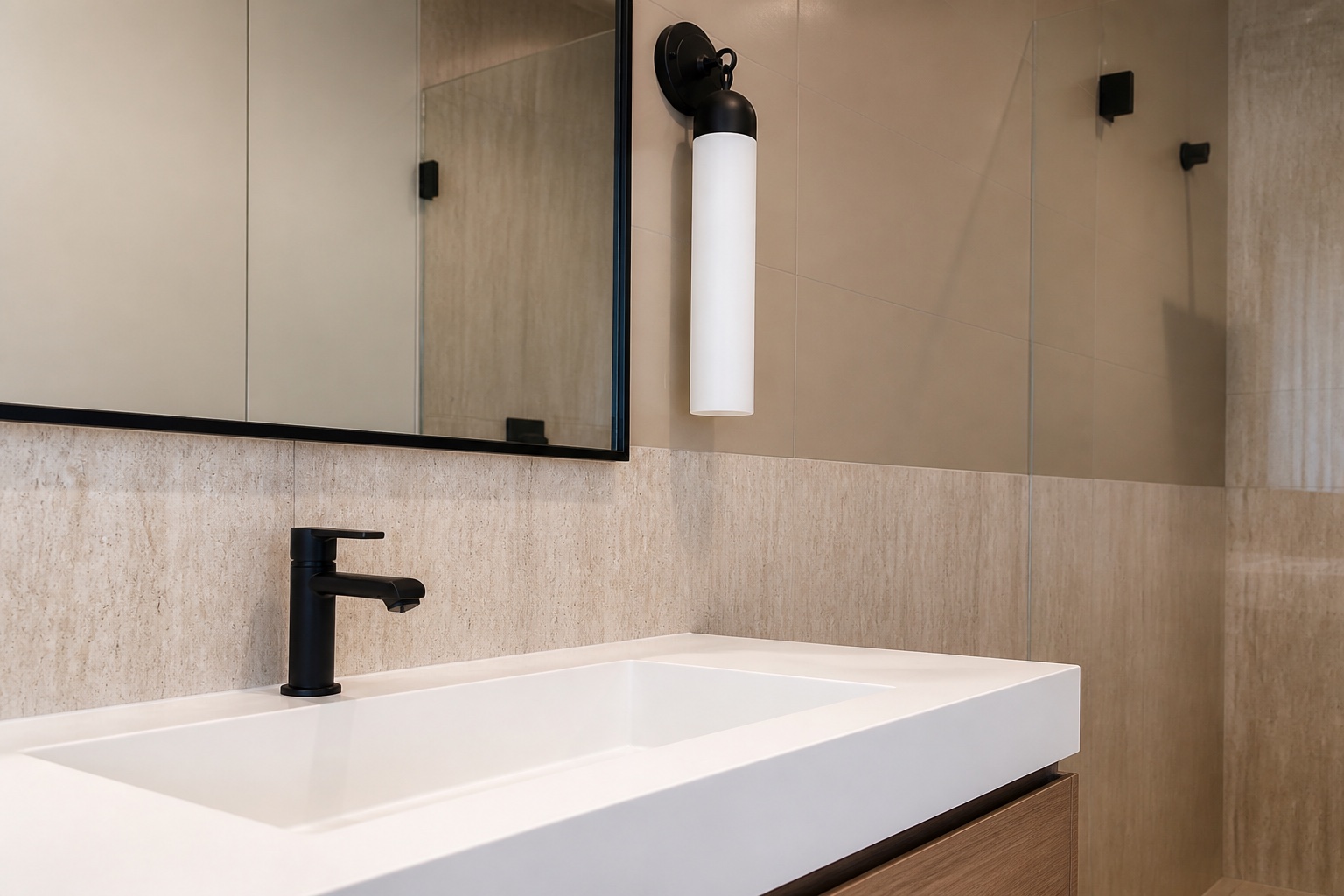 AMV bathroom vanity with matte-black fixtures and warm stone tile